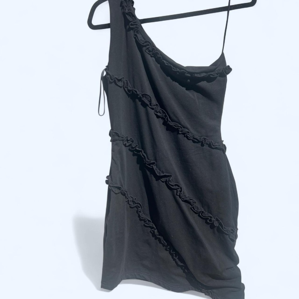 More to Come Revolve Black Asymmetrical Ruffle Mini Dress with Side Zipper